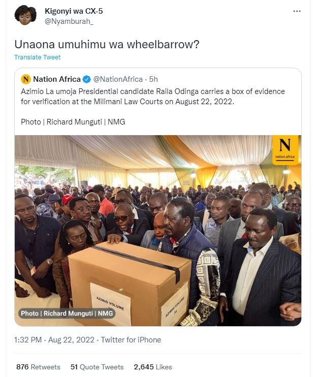 Kigonyi wa cx5 nyamburah _ unaona umuhimu wa wheelbarrow? translate tweer nation