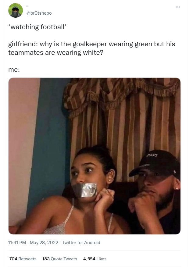 Brotshepo 'watching football girlfriend why is the goalkeeper wearing green but