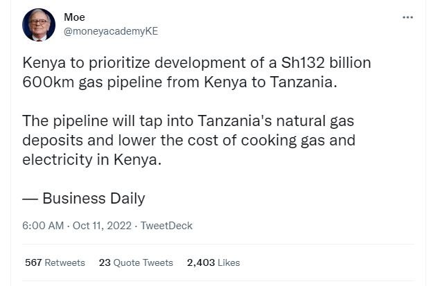 Moe moneyacademyke kenya to prioritize development of a sh132 billion 6ookm gas
