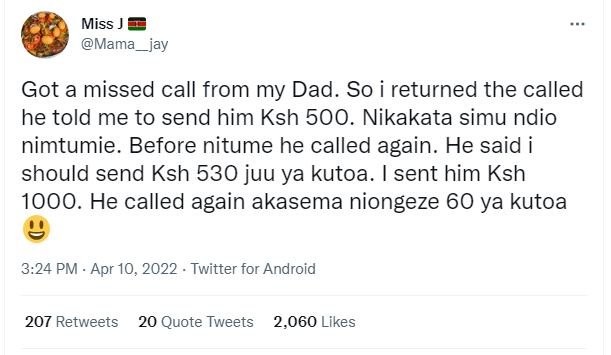 Miss mama_jay got a missed call from my dad. so i returned the called he told me