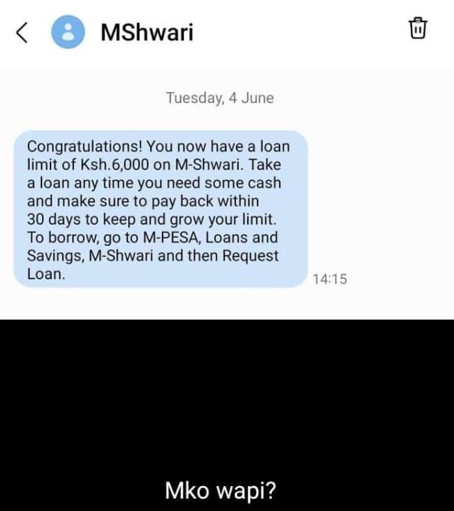 Mshwari tuesday 4 june congratulations! you now have a loan limit of ksh.6,000 o