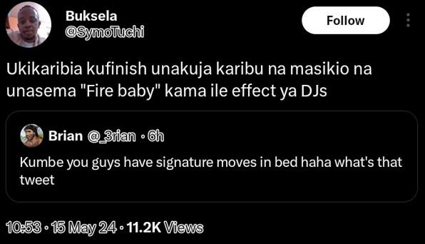 Buksela yioluchi follow ukikaribia kufinish unakuja karibu na masikio na unasema