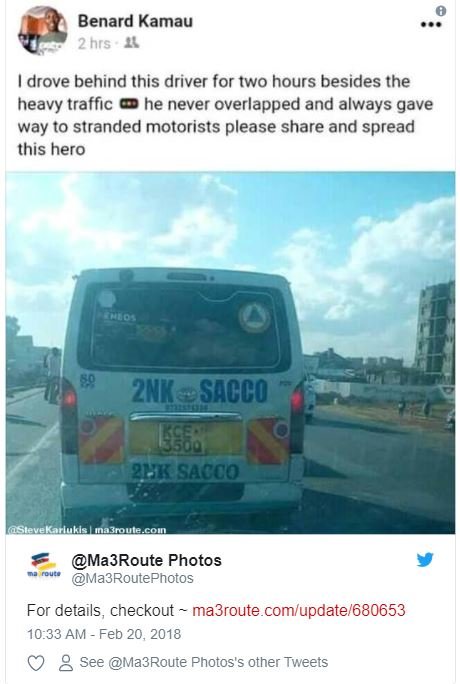 Benard kamau 2 hrs 1 drove behind this driver for two hours besides the heavy tr