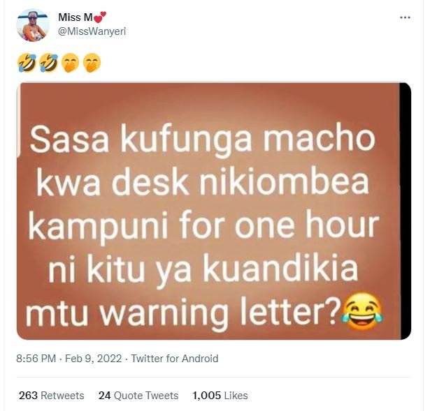 Miss M MissWanyeri 9 9 Sasa kufunga macho kwa desk nikiombea kampuni for one hou