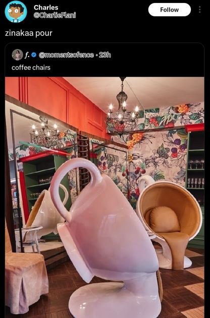 Charles chaldflani follow zinakaa pour monmienitsotenge . 23h coffee chairs