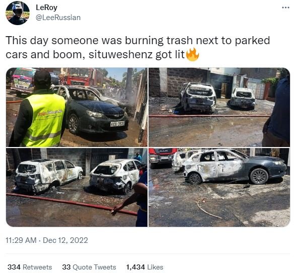 Leroy leerussian this day someone was burning trash next to parked cars and boom