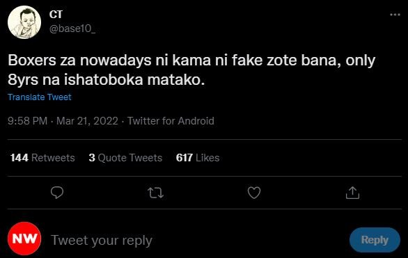 Ct base1o _ boxers za nowadays ni kama ni fake zote bana, only 8yrs na ishatobok