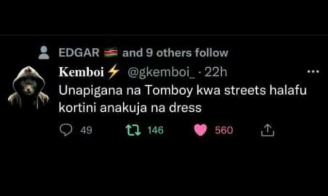 Edgar and 9 others follow kemboi 4 gkemboi 22h unapigana na tomboy kwa streets h