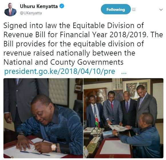 Uhuru kenyatta ukenyatta following signed into law the equitable division of rev