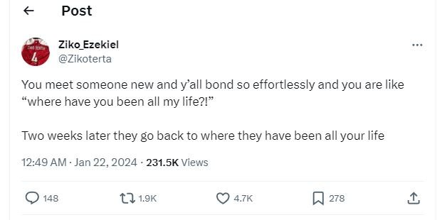 Post ziko_ezekiel zikoterta you meet someone new and yall bond s0 effortlessly a