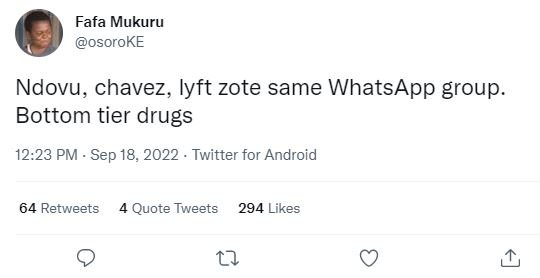 Fafa mukuru osoroke ndovu, chavez lyft zote same whatsapp group. bottom tier dru