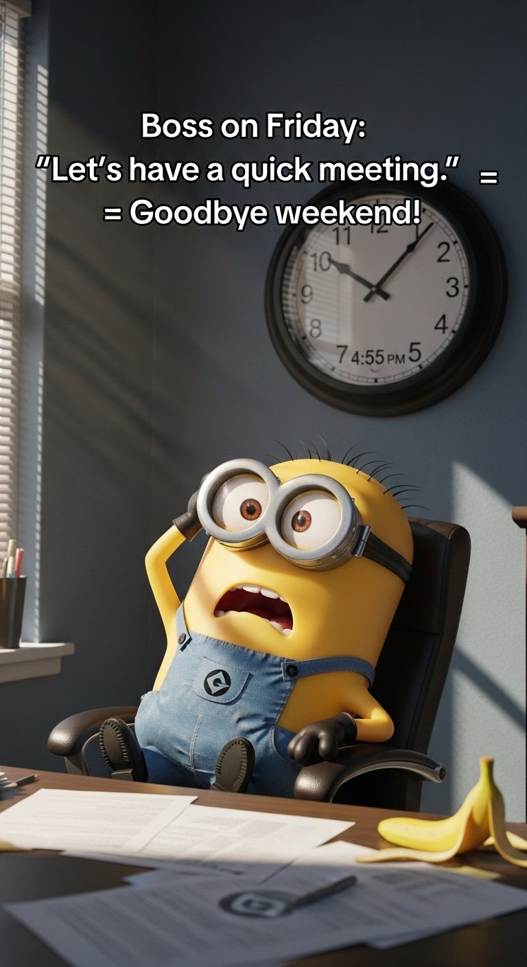 Boss on friday let's have a quick meeting goodbye weekend! 10 2 3 4 7 4.55pm5