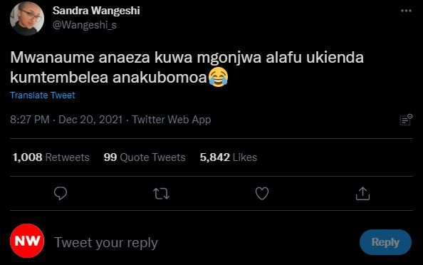 Sandra Wangeshi Wangeshi_s Mwanaume anaeza kuwa mgonjwa alafu ukienda kumtembele