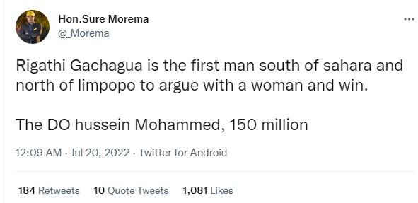 Hon sure morema morema rigathi gachagua is the first man south of sahara and nor