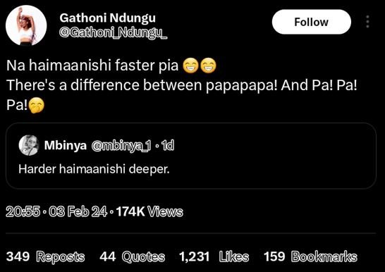 Gathoni ndungu gathoni_ndungu_ follow na haimaanishi faster pia there's a differ