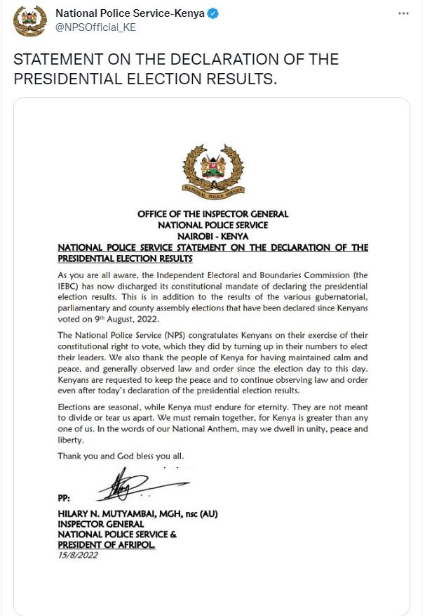 National police servicekenya npsofficial_ke statement on the declaration of the