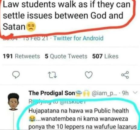 Law students walk as if they can settle issues between God and Satan Feb Twitter
