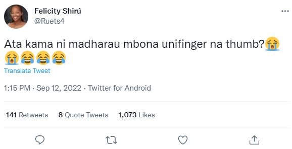 Felicity shirá ruets4 ata kama ni madharau mbona unifinger na thumb? fè translat