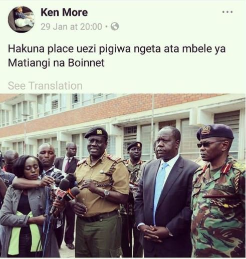 Ken more 29 jan at 20.00 hakuna place uezi pigiwa ngeta ata mbele ya matiangi na