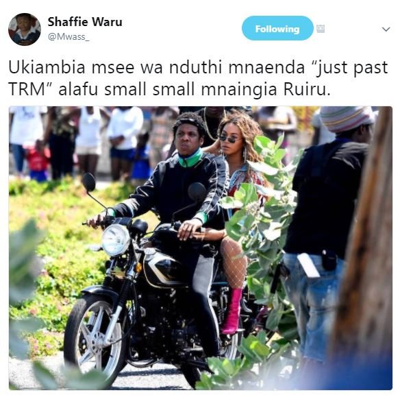 Shaffie waru mwass follewing ukiambia msee wa nduthi mnaenda just past trm' alaf