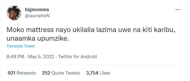 Bigmomma laurratten moko mattress nayo ukilalia lazima uwe na kiti karibu, unaam