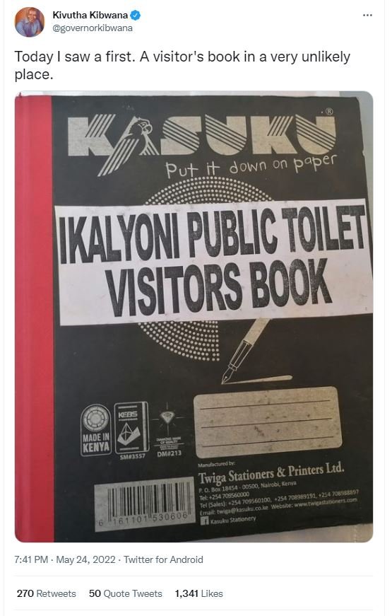 Kivutha kibwana governorkibwana today saw a first a visitor's book in a very unl