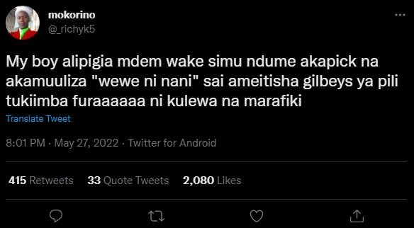 Mokorino _richyk5 my boy alipigia mdem wake simu ndume akapick na akamuuliza 'we