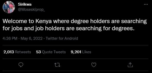 Sirikwa moseskiprop_ welcome to kenya where degree holders are searching for job