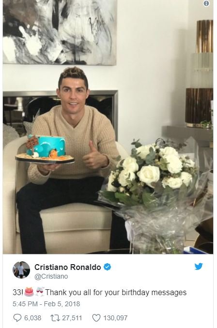 Cristiano ronaldo cristiano 33! thank you all for your birthday messages 5.45 pm