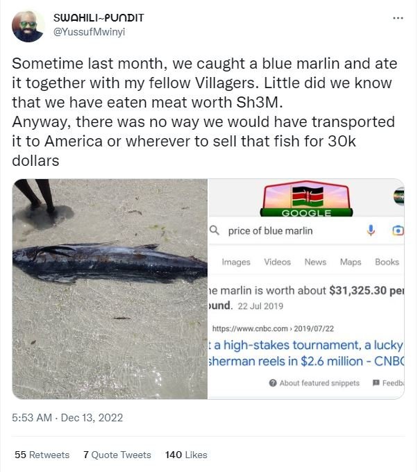 Swohilipuodit yussufmwinyi sometime last month we caught a blue marlin and ate i