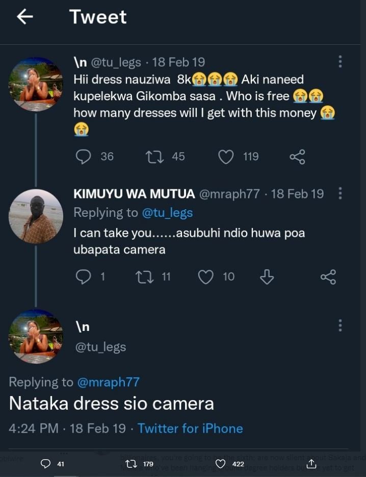 Tweet in tu_legs 18 feb 19 hii dress nauziwa 8k aki naneed kupelekwa gikomba sas