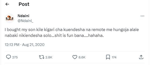 Post ndaini ndaini _ bought my son kile kigari cha kuendesha na remote me hungoj