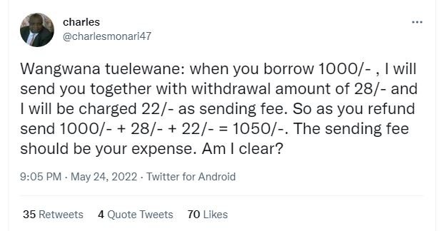 Charles charlesmonari47 wangwana tuelewane when you borrow will send you togethe