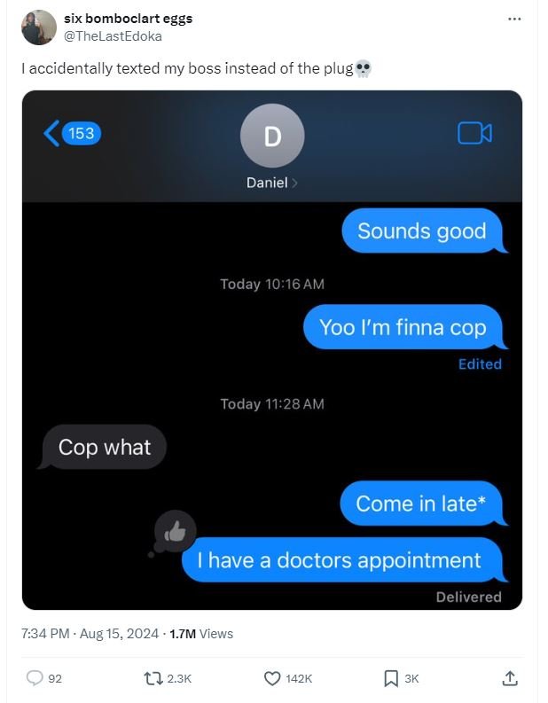 Six bomboclart eggs thelastedoka accidentally texted my boss instead of the plug