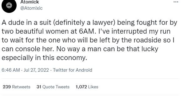 Atomick atomixic a dude in a suit definitely a lawyer being fought for by two be