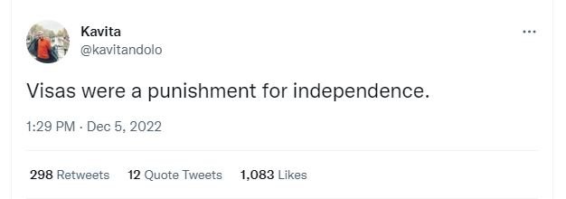 Kavita kavitandolo visas were a punishment for independence. 1.29 pm dec 5, 298