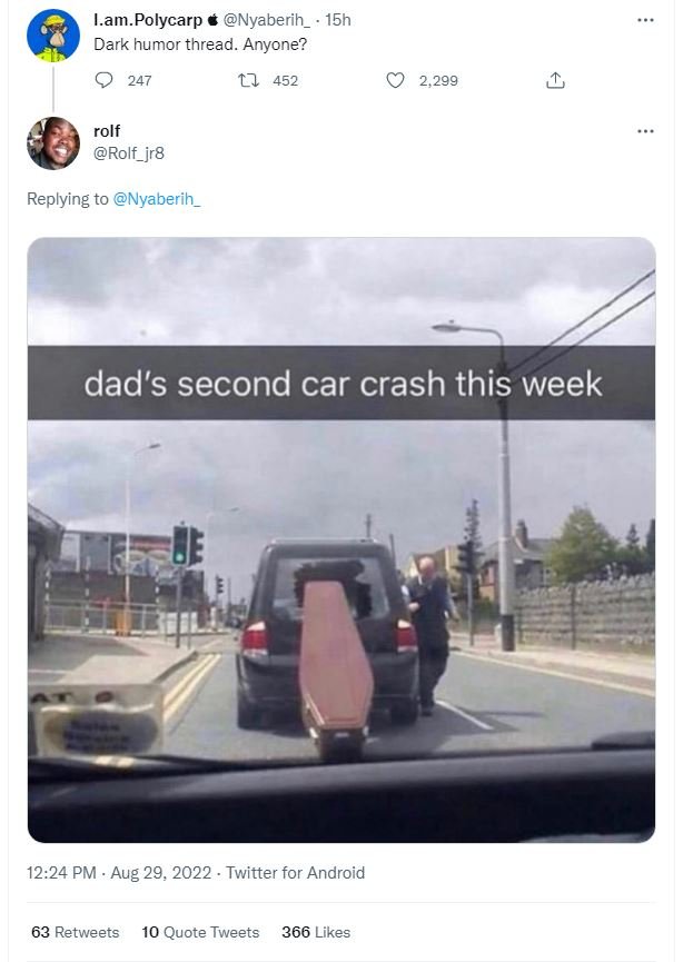 Lam polycarp nyaberih _ 15h dark humor thread. anyone? 247 452 2,299 rolf rolf_j