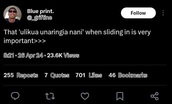 Blue print. grffdne follow that 'ulikua unaringia nani' when sliding in is very