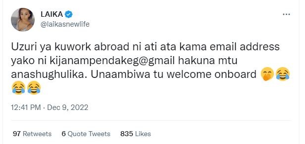 Laika laikasnewlife uzuri ya kuwork abroad ni ati ata kama email address yako ni