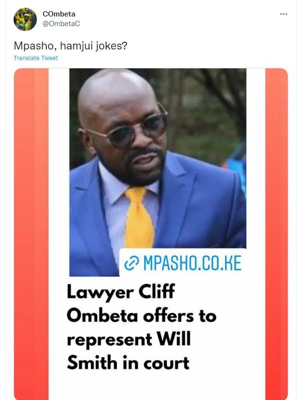 Combeta ombetac mpasho hamjui jokes? translate tweet mpasho.co.ke lawyer cliff o