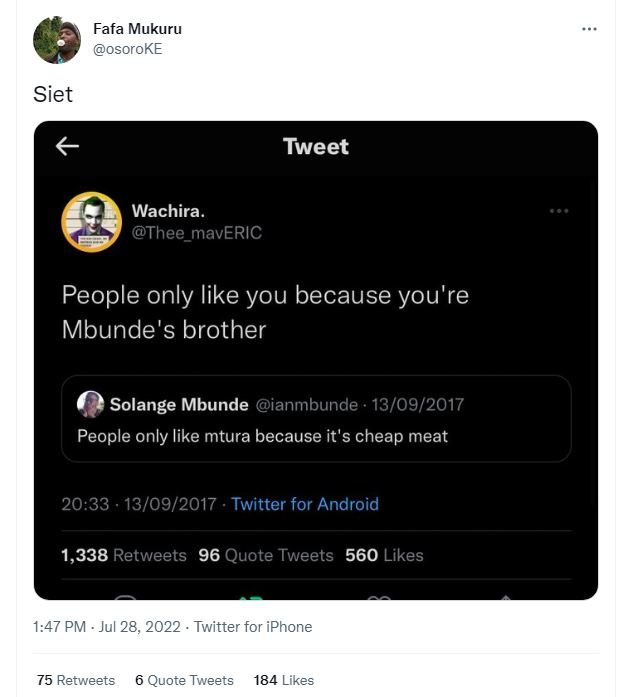 Fafa mukuru osoroke siet tweet wachira. thee_maveric people only like you becaus