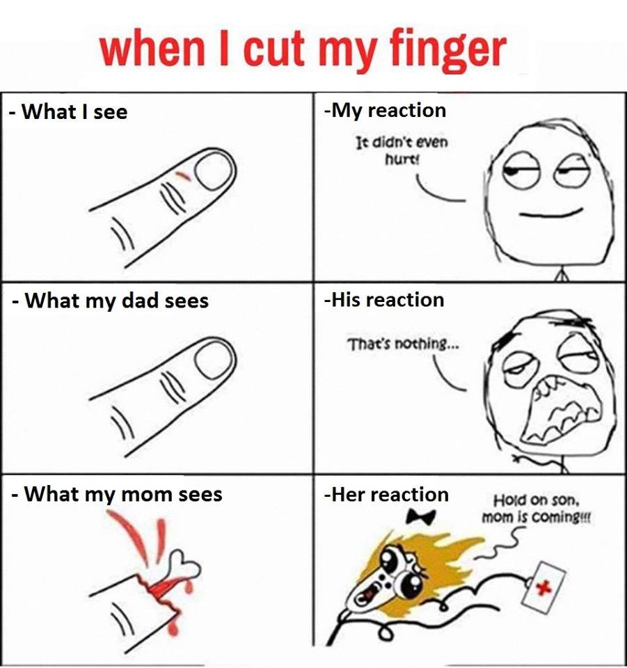When cut my finger what see my reaction icdidnc even hurr' what my dad sees his