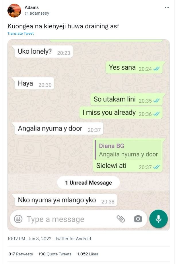 Adams adamseey kuongea na kienyeji huwa draining asf translate tweet uko lonely?
