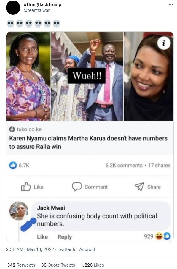 Bringbacktrump teamtaiwan wuehu! tuko co ke karen nyamu claims martha karua does