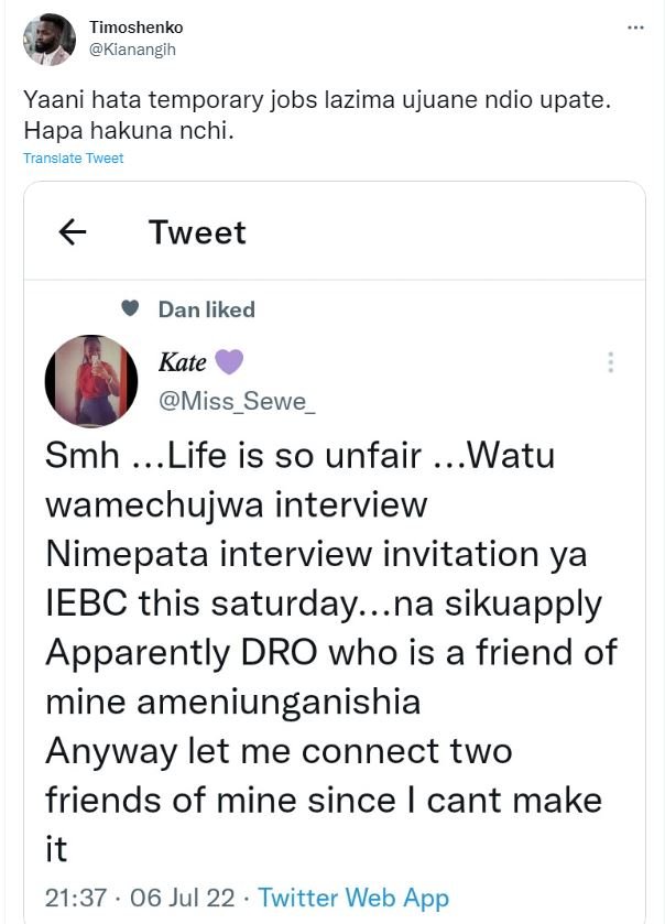 Timoshenko kianangih yaani hata temporary jobs lazima ujuane ndio upate hapa hak