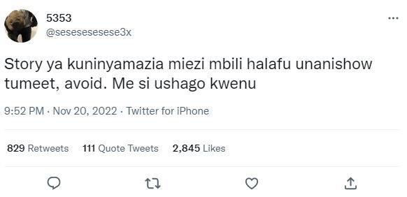 Sesesesesese3x story ya kuninyamazia miezi mbili halafu unanishow tumeet, avoid.