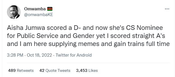 Omwamba omwambake aisha jumwa scored a d and now she's cs nominee for public ser