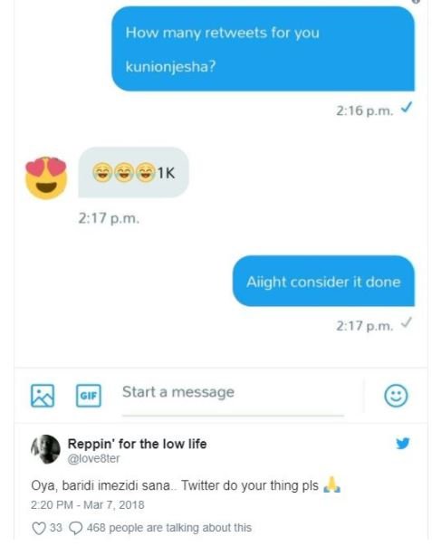 How manv retweets for vou kunionjesha? 2.16 p.m gg1k 2.17 pm aiight consider it