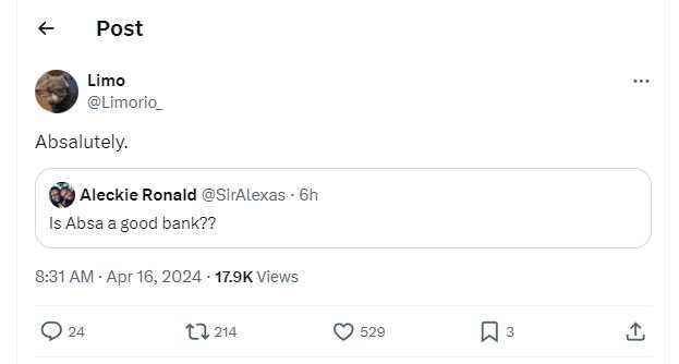 Post limo limorio absalutely aleckie ronald siralexas is absa good bank?? 8.31 a