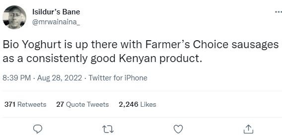 Isildur's bane mrwainaina bio yoghurt is up there with farmer 's choice sausages